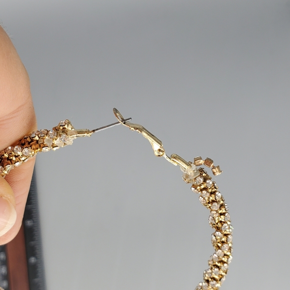 Goldtone Rhinestone Large Hoop Earrings - Picture 9 of 10